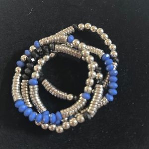 Bracelets- set of 4, blue, black and silver, stretchy